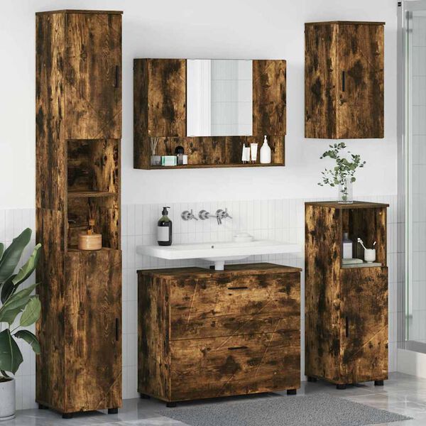 vidaXL Juego de muebles de ba&ntilde;o con caj&oacute;n 5 pcs Roble ahumado