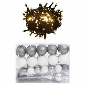 vidaXL Set de bolas de Navidad 60 pzas con pico 150 LED blanco y gris