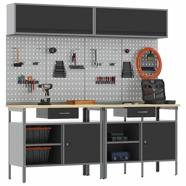 vidaXL Conjunto de banco de trabajo con cajón con estante Negro Acero