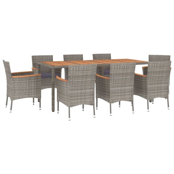 vidaXL Set comedor jard&iacute;n 9 pzas y cojines rat&aacute;n sint&eacute;tico gris