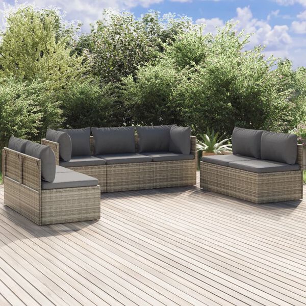 vidaXL Set de muebles de jard&iacute;n 7 pzas y cojines rat&aacute;n sint&eacute;tico gris
