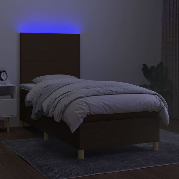 vidaXL Cama box spring colch&oacute;n y luces LED tela marr&oacute;n oscuro 80x200cm