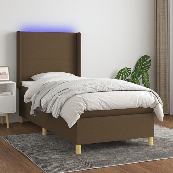 vidaXL Cama box spring colch&oacute;n y luces LED tela marr&oacute;n oscuro 90x190cm
