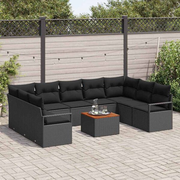 vidaXL Conjunto de sofá de jardín con cojín 10 pcs Negro Poliratán