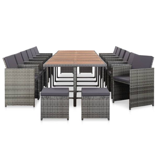 vidaXL Set de comedor de jard&iacute;n 17 pzas y cojines rat&aacute;n sint&eacute;tico gris