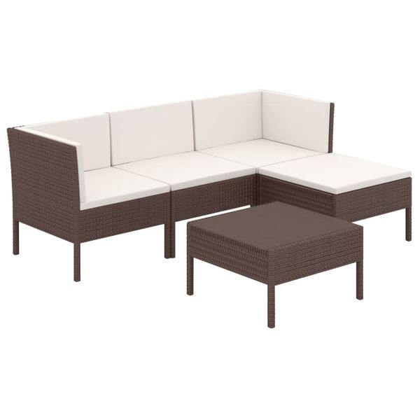vidaXL Set muebles de jard&iacute;n 5 pzas y cojines rat&aacute;n sint&eacute;tico marr&oacute;n