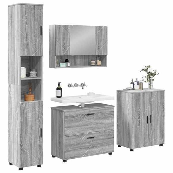 vidaXL Juego de muebles de ba&ntilde;o con caj&oacute;n con puerta 4 pcs Gris Sonoma