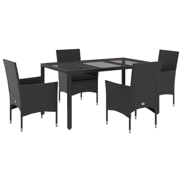 vidaXL Set comedor jard&iacute;n 5 pzas cojines rat&aacute;n sint&eacute;tico vidrio negro