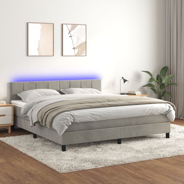 vidaXL Cama box spring colch&oacute;n y LED terciopelo gris claro 180x200 cm