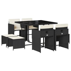 vidaXL Set de comedor de jard&iacute;n 9 pzas y cojines rat&aacute;n sint&eacute;tico negro