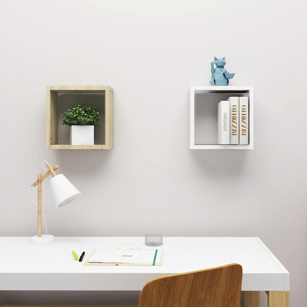 vidaXL Estantes cubo de pared 2 uds blanco y roble Sonoma 30x15x30 cm