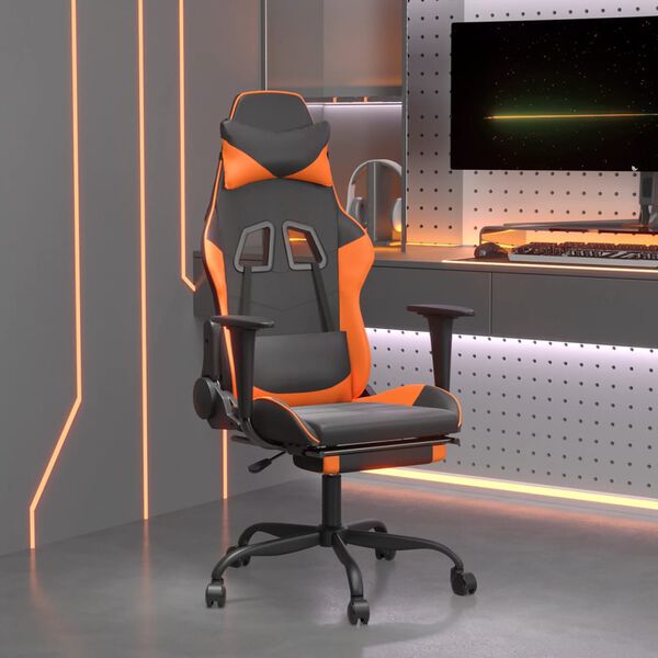 vidaXL Silla gaming con reposapi&eacute;s cuero sint&eacute;tico negro naranja