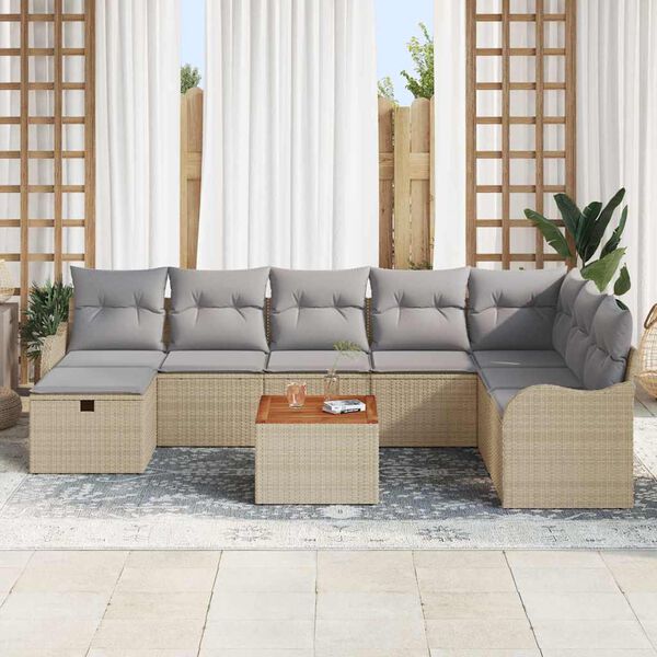 vidaXL Conjunto de sof&aacute; de jard&iacute;n con coj&iacute;n 9 pcs Beige Polirat&aacute;n