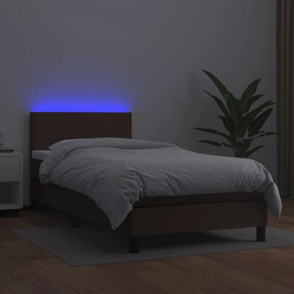vidaXL Cama box spring y colch&oacute;n LED cuero sint&eacute;tico marr&oacute;n 80x200 cm