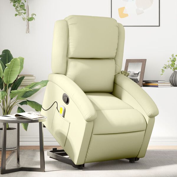 vidaXL Sill&oacute;n reclinable de masaje elevable cuero aut&eacute;ntico crema