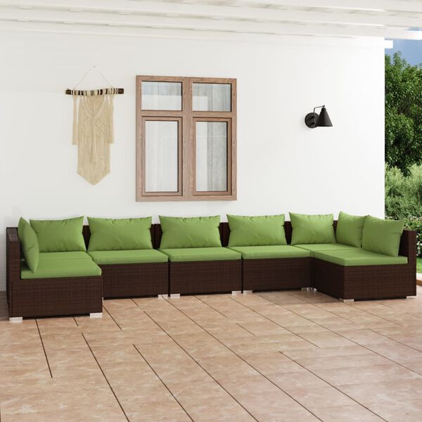 vidaXL Set muebles de jard&iacute;n 7 piezas y cojines rat&aacute;n sint&eacute;tico marr&oacute;n