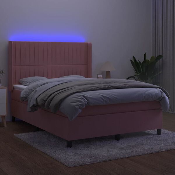vidaXL Cama box spring colch&oacute;n y LED terciopelo rosa 140x200 cm