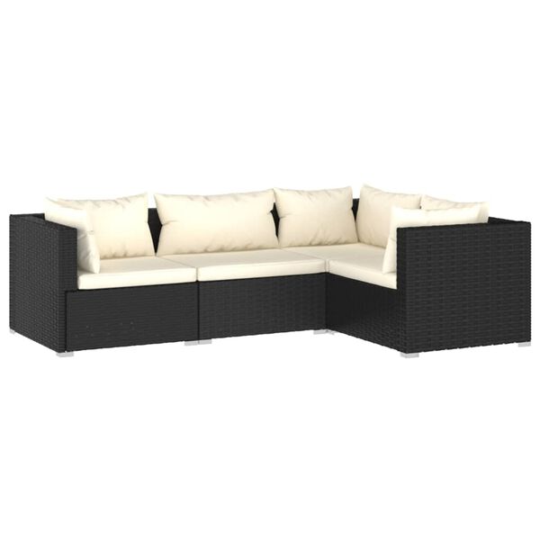 vidaXL Set de muebles de jard&iacute;n 4 pzas y cojines rat&aacute;n sint&eacute;tico negro
