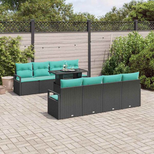 vidaXL Conjunto de sof&aacute; de jard&iacute;n 7 pcs Negro y azul rat&aacute;n sint&eacute;tico