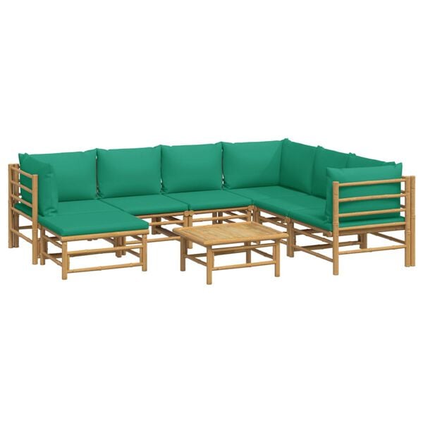 vidaXL Set de muebles de jardín 8 piezas bambú con cojines verde