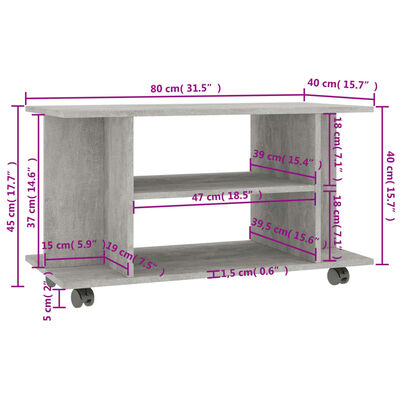 vidaXL Mueble de TV ruedas madera ingeniería gris hormigón 80x40x45 cm