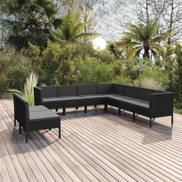 vidaXL Set de muebles de jard&iacute;n 9 pzas cojines rat&aacute;n sint&eacute;tico negro