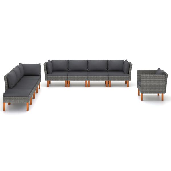 vidaXL Set de muebles de jard&iacute;n 9 pzas rat&aacute;n sint&eacute;tico eucalipto gris