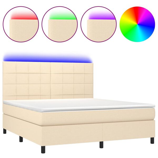 vidaXL Cama box spring colch&oacute;n y luces LED tela crema 180x200 cm