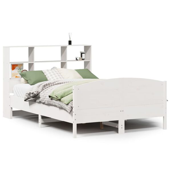 vidaXL Cama con estanter&iacute;a sin colch&oacute;n madera maciza blanca 140x190 cm