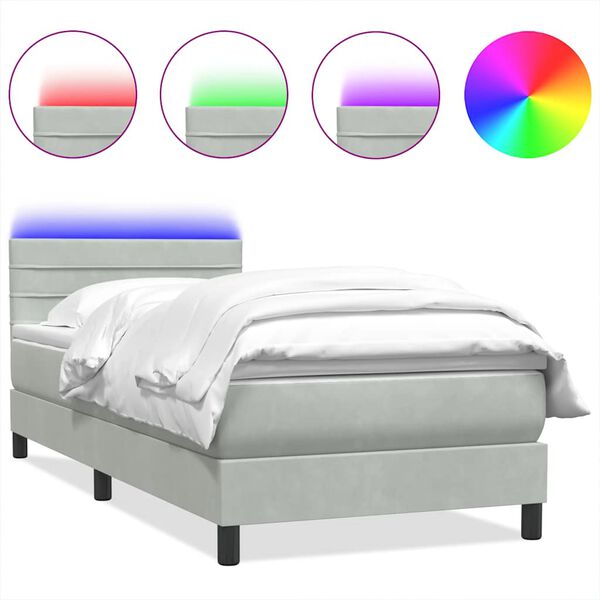 vidaXL Cama box spring con colch&oacute;n y LED terciopelo gris claro 80x220 cm