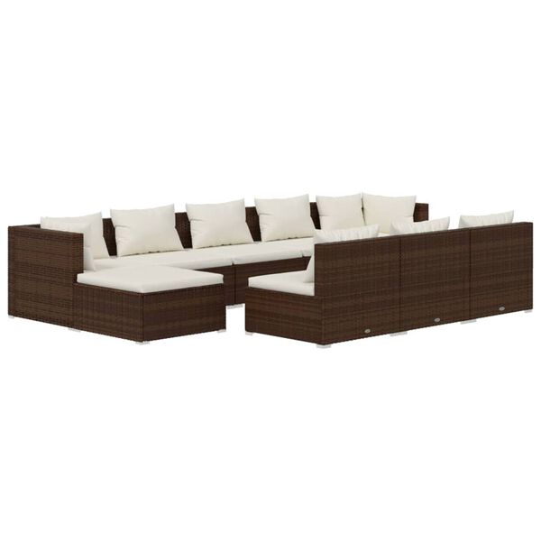 vidaXL Set muebles de jard&iacute;n 10 pzas y cojines rat&aacute;n sint&eacute;tico marr&oacute;n