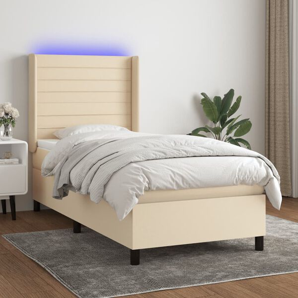 vidaXL Cama box spring colch&oacute;n y luces LED tela crema 100x200 cm