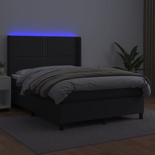 vidaXL Cama box spring colch&oacute;n y LED cuero sint&eacute;tico negro 140x200 cm