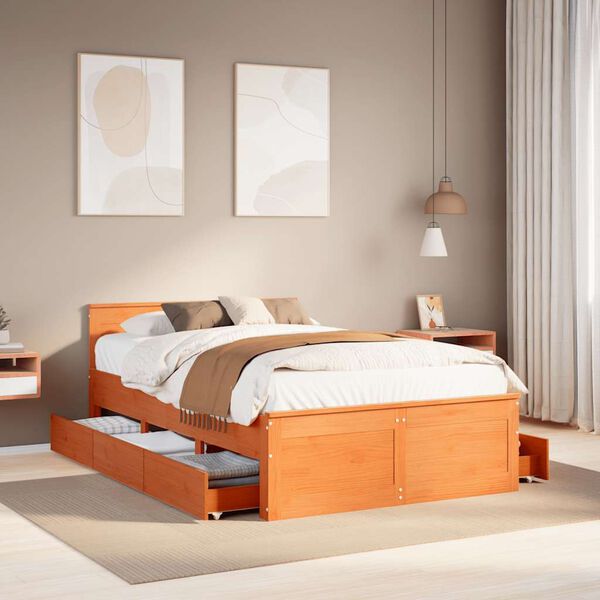 vidaXL Cama con cabecero sin colch&oacute;n madera maciza marr&oacute;n 135x190 cm