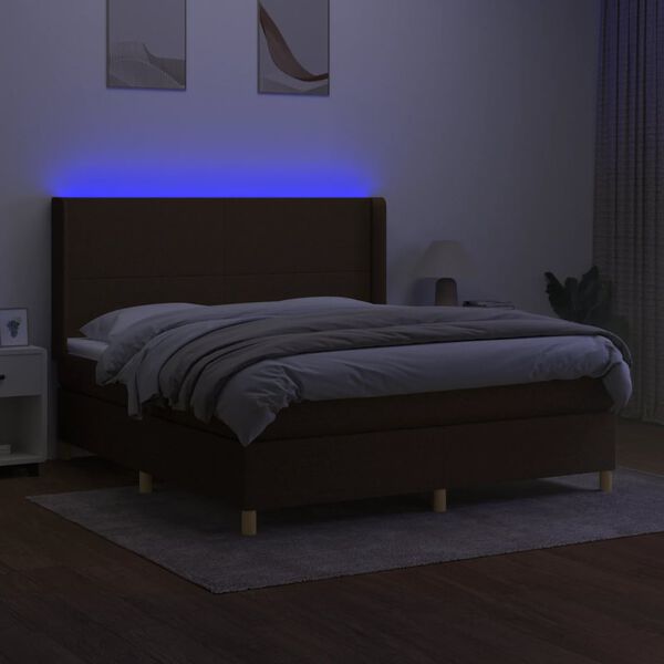 vidaXL Cama box spring colch&oacute;n luces LED tela marr&oacute;n oscuro 180x200cm