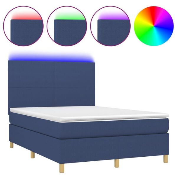 vidaXL Cama box spring colch&oacute;n y luces LED tela azul 140x190 cm