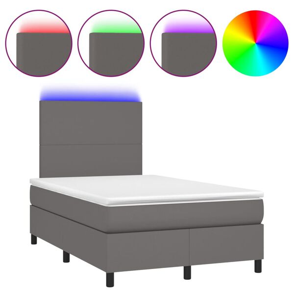 vidaXL Cama box spring con colch&oacute;n LED cuero sint&eacute;tico gris 120x190 cm