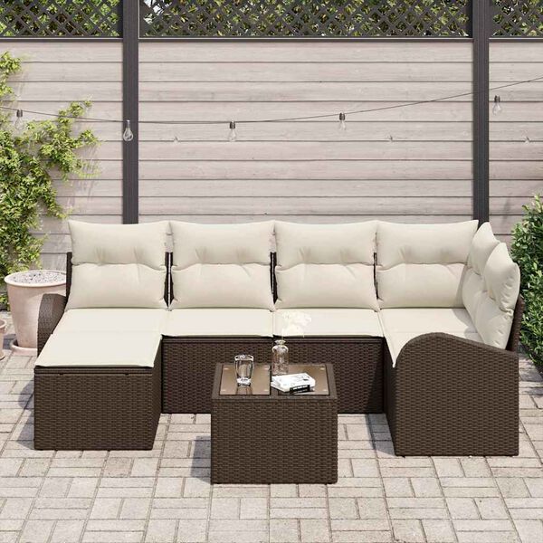 vidaXL Conjunto de sof&aacute;s de jard&iacute;n 7 pcs Marr&oacute;n rat&aacute;n sint&eacute;tico
