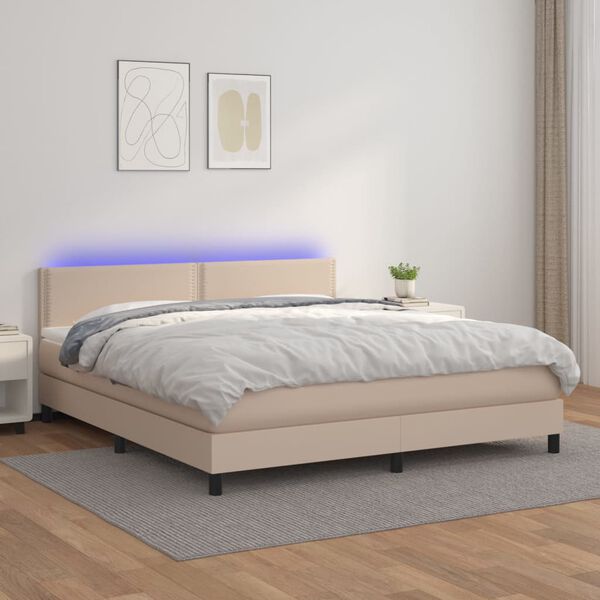 vidaXL Cama box spring colch&oacute;n LED cuero sint&eacute;tico capuchino 160x200cm