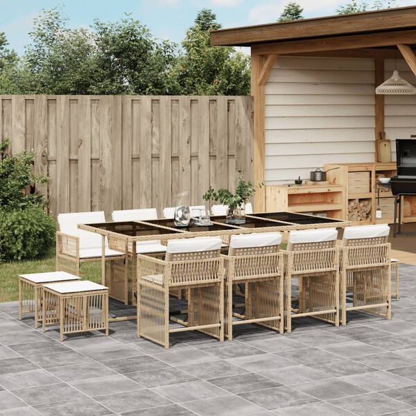 vidaXL Set comedor de jard&iacute;n con cojines 13 pzas rat&aacute;n sint&eacute;tico beige