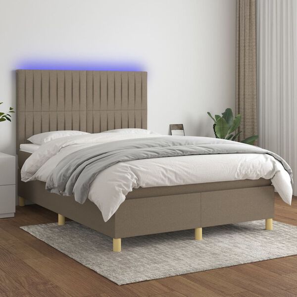 vidaXL Cama box spring colch&oacute;n y luces LED tela gris taupe 140x190 cm