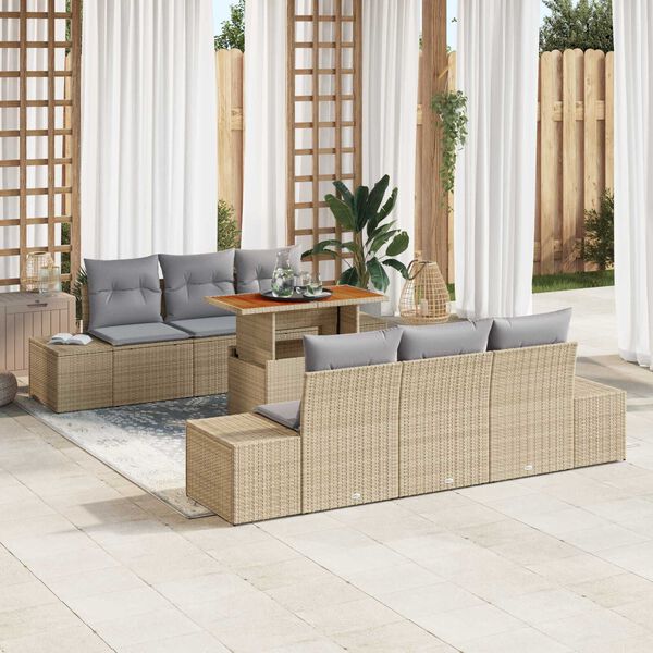 vidaXL Conjunto de sof&aacute; de jard&iacute;n 7 pcs Beige Polirat&aacute;n