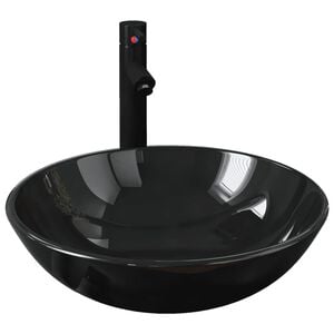 vidaXL Lavabo de ba&ntilde;o grifo y desag&uuml;e de empuje vidrio templado negro