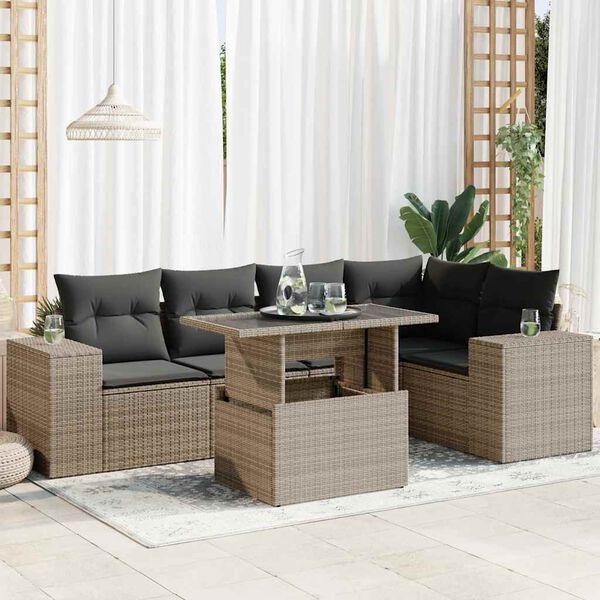 vidaXL Set de muebles de jard&iacute;n 6 pzas y cojines rat&aacute;n sint&eacute;tico gris