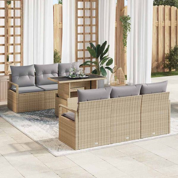 vidaXL Conjunto de sofá de jardín con cojín 7 pcs Beige Poliratán