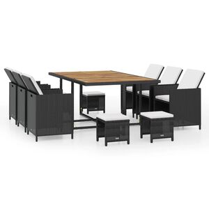 vidaXL Set comedor de jard&iacute;n 11 pzas rat&aacute;n sint&eacute;tico y madera negro