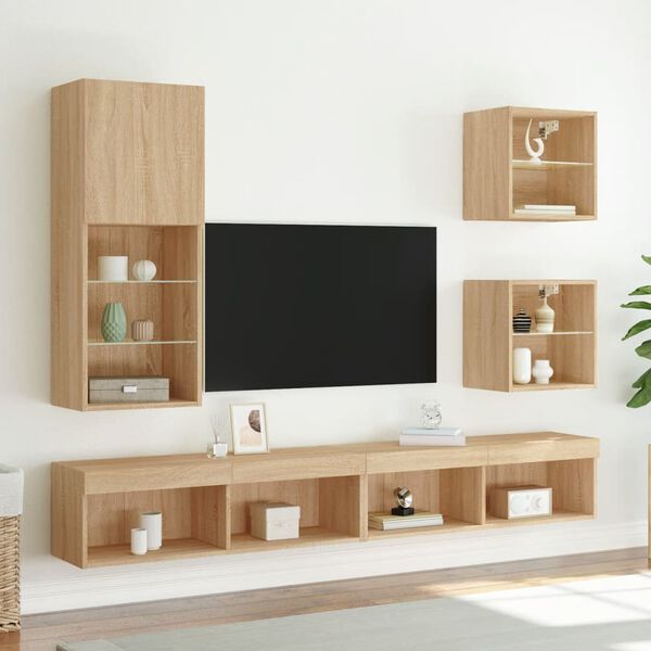vidaXL Muebles TV pared con LED 5 pzas madera ingenier&iacute;a roble Sonoma