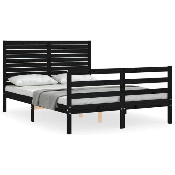 vidaXL Estructura cama de matrimonio con cabecero madera maciza negro