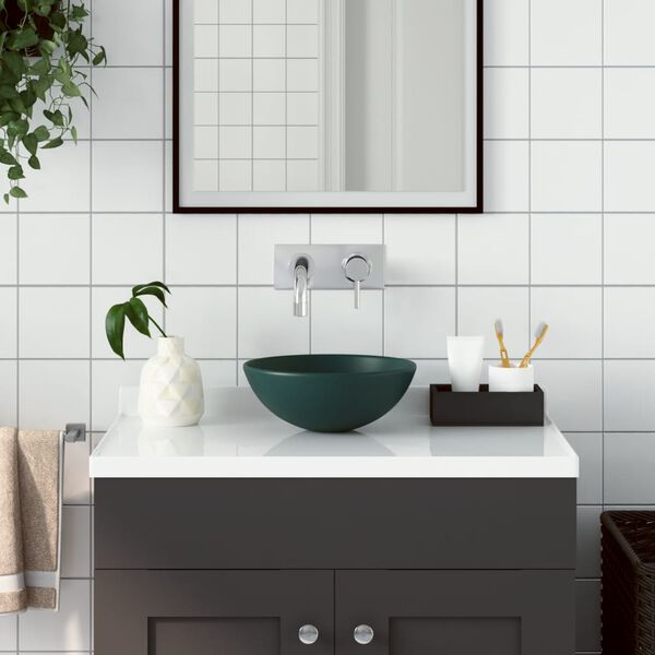 vidaXL Lavabo de cuarto de ba&ntilde;o redondo cer&aacute;mica verde oscuro