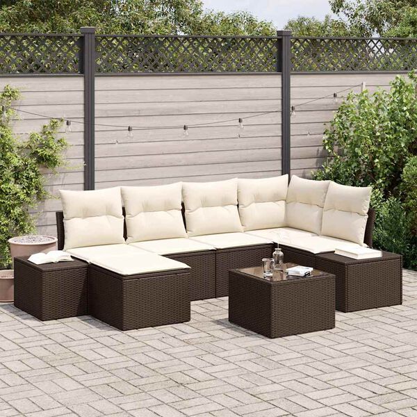 vidaXL Conjunto de sof&aacute; de jard&iacute;n 7 pcs Marr&oacute;n y crema rat&aacute;n sint&eacute;tico